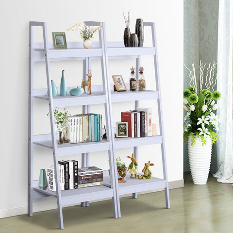 Image of Set of 2 4 Tier Ladder Shelf Bookcase Multi-Use Display Rack Storage Shelving Unit Display Stand Flower Plant Holder White