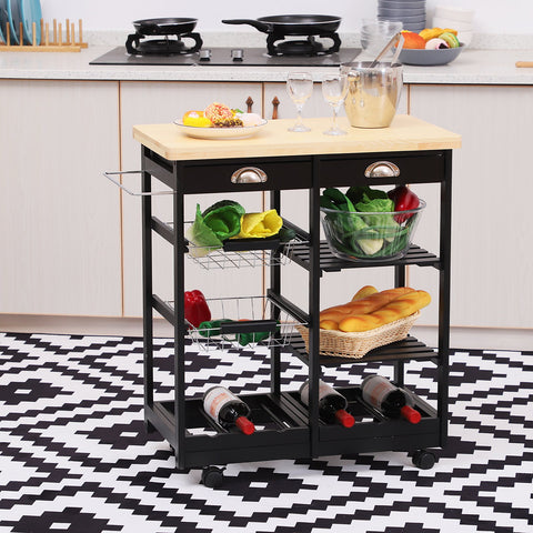 Image of Rolling Kitchen Island Trolley Serving Cart Wheeled Storage Cabinet w/ Basket Shelves and Drawers Black