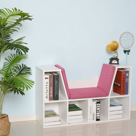 6-Cubby Kids Bookcase w/ Cushioned Seat Reading Nook Storage Organizer Cabinet Shelf Children Bedroom Decor Room White/Pink