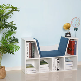 6-Cubby Kids Bookcase w/ Cushioned Seat Reading Nook Multi-Purpose Storage Organizer Cabinet Shelf Children Bedroom Decor White Blue