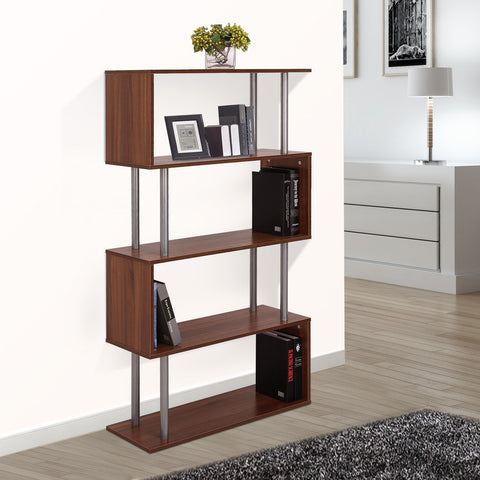 Image of Wooden Bookcase S Shape Storage Display Unit 4 Shelf Home Décor Walnut