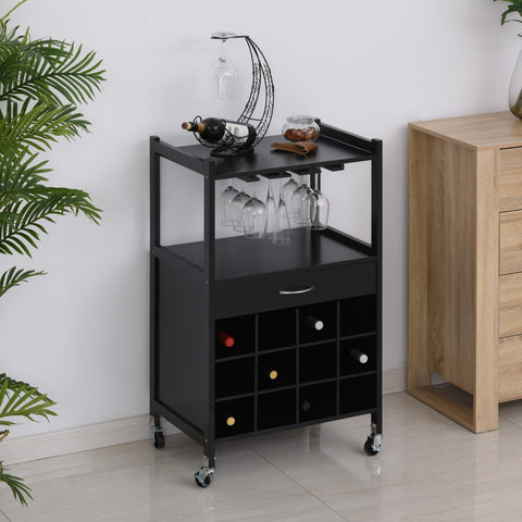 Image of Multi-tier Rolling Kitchen Trolley Serving Cart w/ Drawer Open Shelf Wine Rack