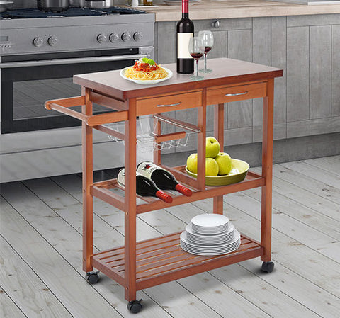 Image of Wooden Kitchen Trolley Cart Basket Drawer Dining Storage w/Roller Holder Wood