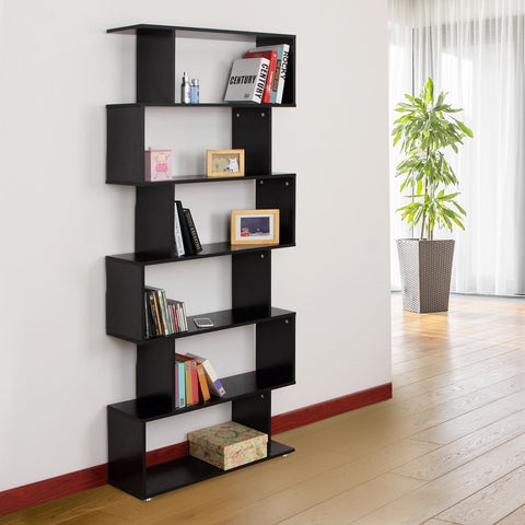 Image of Wooden S Shape Bookcase 6 Shelves Storage Display Home Office Furniture