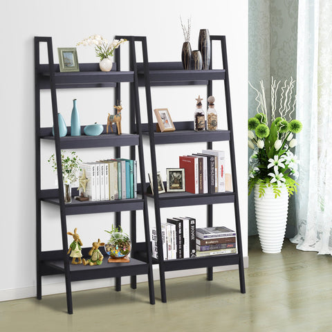 Image of Set of 2 4 Tier Ladder Shelf Bookcase Multi-Use Display Rack Storage Shelving Unit Display Stand Flower Plant Holder Black
