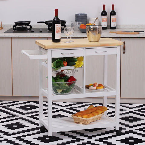Image of Wooden Rolling Kitchen Trolley Wood Top Island Storage Serving Cart Included Wine Rack with Drawers White