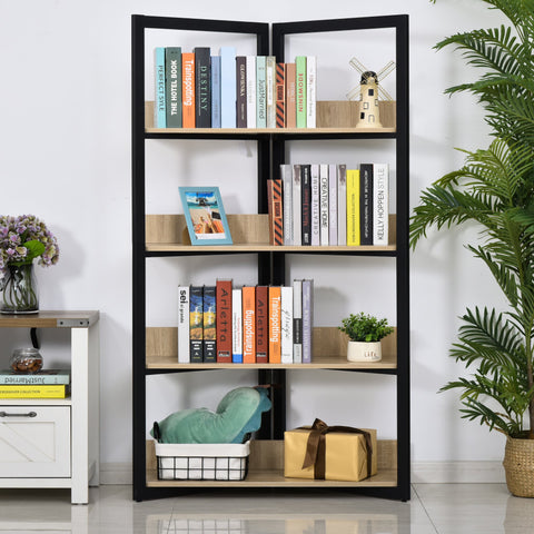 Image of 4-Tier Bookshelf Storage Multifunctional Plant Display Corner Shelf Oak Color & Black