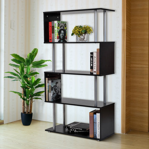 Image of 4-Tires Wooden Bookcase S Shape Storage Display Unit Home Décor Black