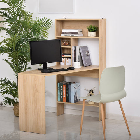 Image of Modern Computer Office Desk Wood Corner Desk with Multi-Tier Storage Shelf