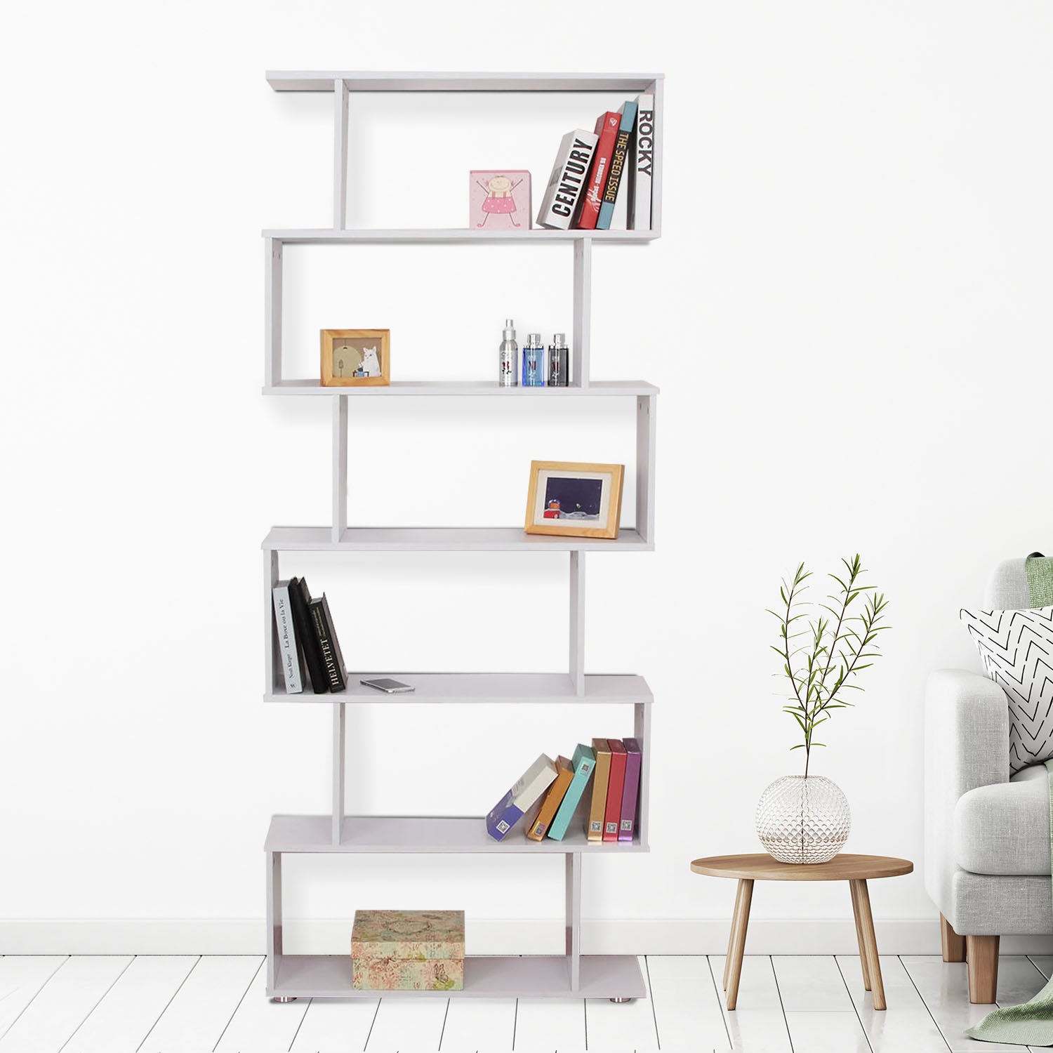 6-Tires Wooden Bookcase S Shape Storage Display Unit Home Divider Office Furniture White