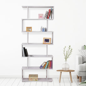 6-Tires Wooden Bookcase S Shape Storage Display Unit Home Divider Office Furniture White
