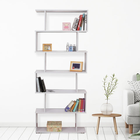 Image of 6-Tires Wooden Bookcase S Shape Storage Display Unit Home Divider Office Furniture White