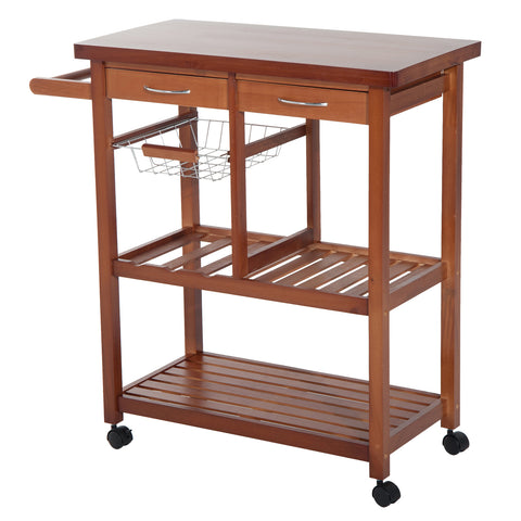 Image of Wooden Kitchen Trolley Cart Basket Drawer Dining Storage w/Roller Holder Wood