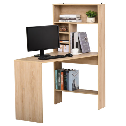 Image of Modern Computer Office Desk Wood Corner Desk with Multi-Tier Storage Shelf