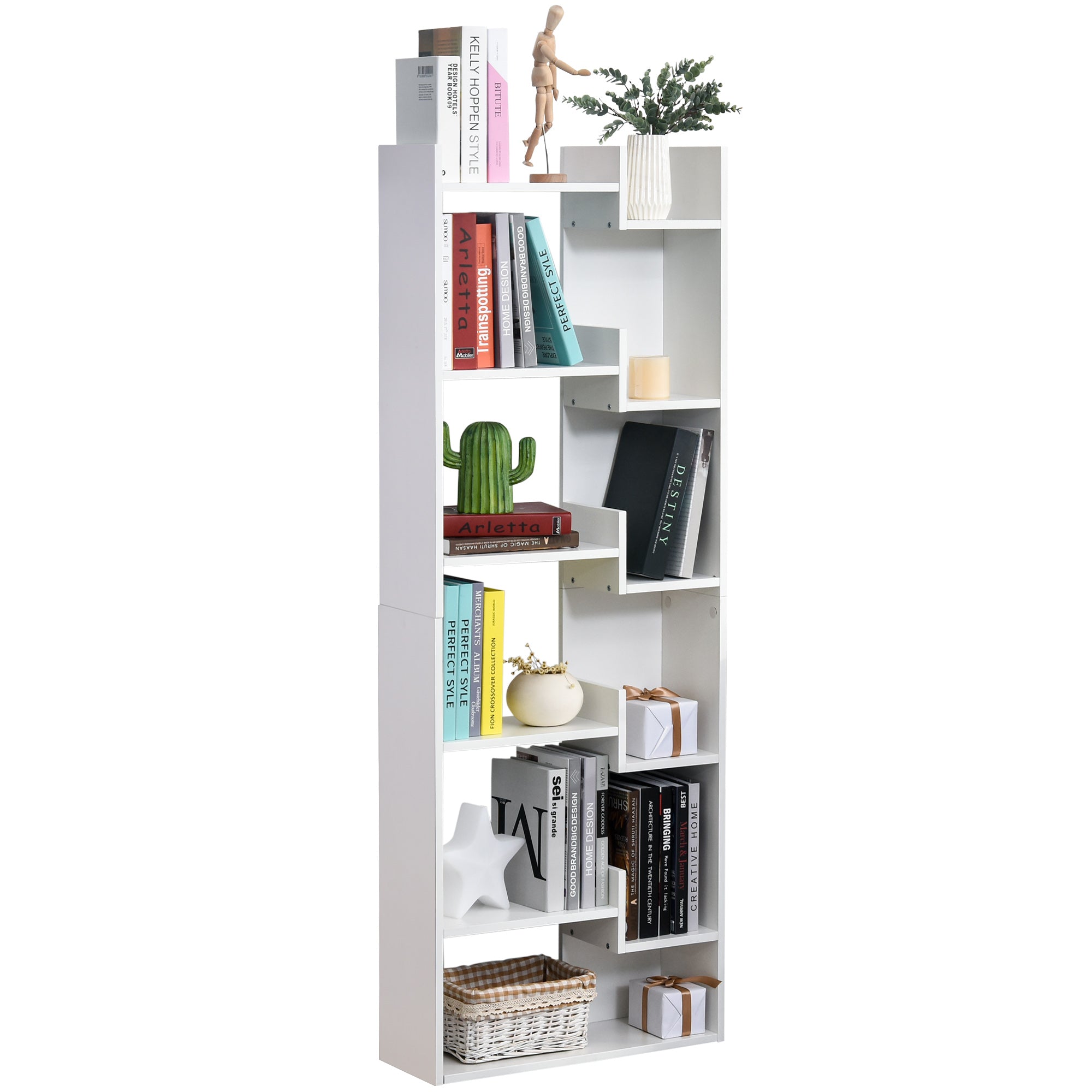 6-Tier Oak Color MDF Bookcase White Open Shelf for CDs Records Books Home Office