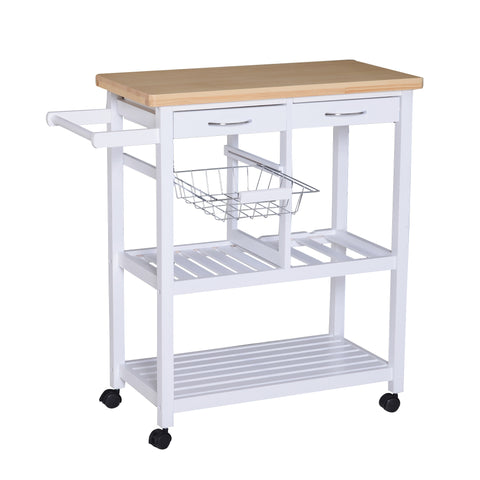 Image of Wooden Rolling Kitchen Trolley Wood Top Island Storage Serving Cart Included Wine Rack with Drawers White