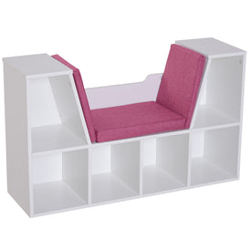 6-Cubby Kids Bookcase w/ Cushioned Seat Reading Nook Storage Organizer Cabinet Shelf Children Bedroom Decor Room White/Pink