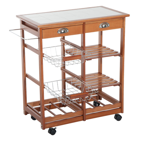 Image of Rolling Kitchen Trolley Cart 4 Tier Storage Wooden Table Rack 2 Drawers Baskets Countertop