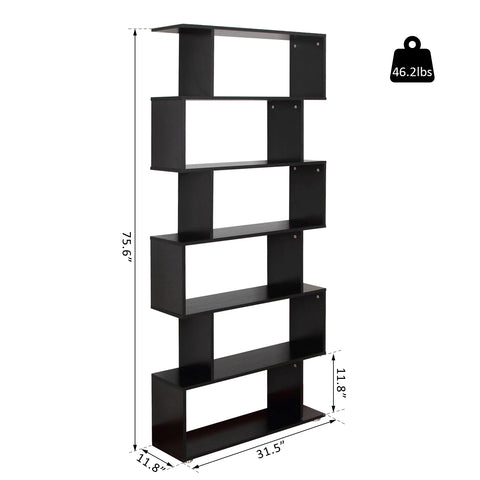 Image of Wooden S Shape Bookcase 6 Shelves Storage Display Home Office Furniture