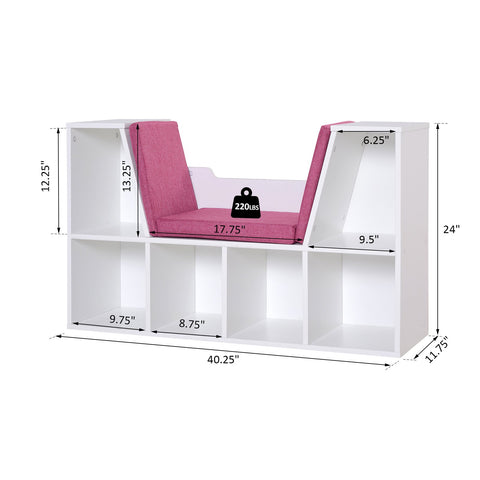Image of 6-Cubby Kids Bookcase w/ Cushioned Seat Reading Nook Storage Organizer Cabinet Shelf Children Bedroom Decor Room White/Pink