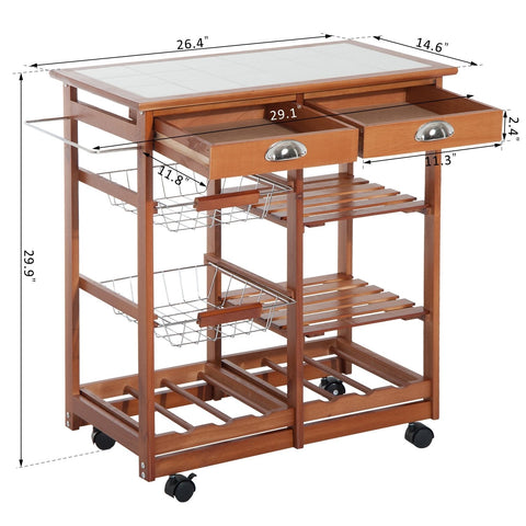 Image of Rolling Kitchen Trolley Cart 4 Tier Storage Wooden Table Rack 2 Drawers Baskets Countertop