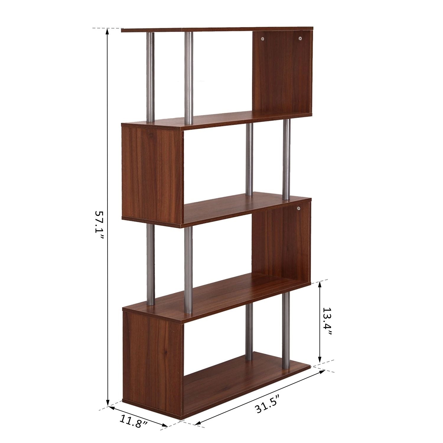 Wooden Bookcase S Shape Storage Display Unit 4 Shelf Home Décor Walnut