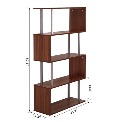 Image of Wooden Bookcase S Shape Storage Display Unit 4 Shelf Home Décor Walnut