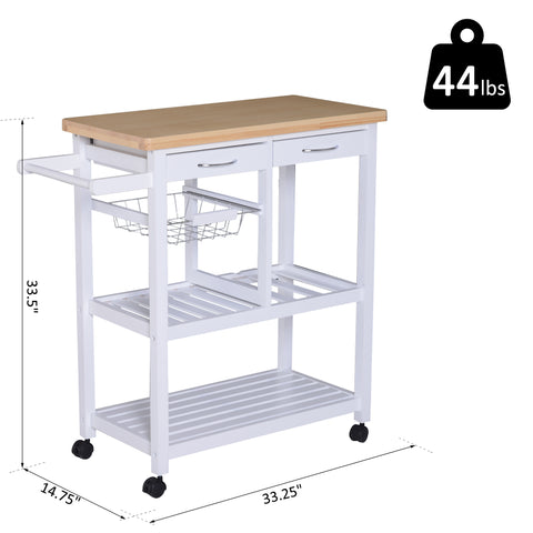 Image of Wooden Rolling Kitchen Trolley Wood Top Island Storage Serving Cart Included Wine Rack with Drawers White