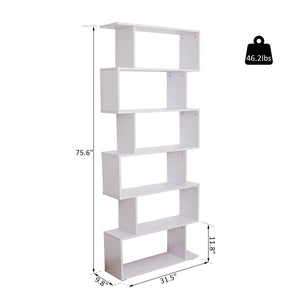 6-Tires Wooden Bookcase S Shape Storage Display Unit Home Divider Office Furniture White