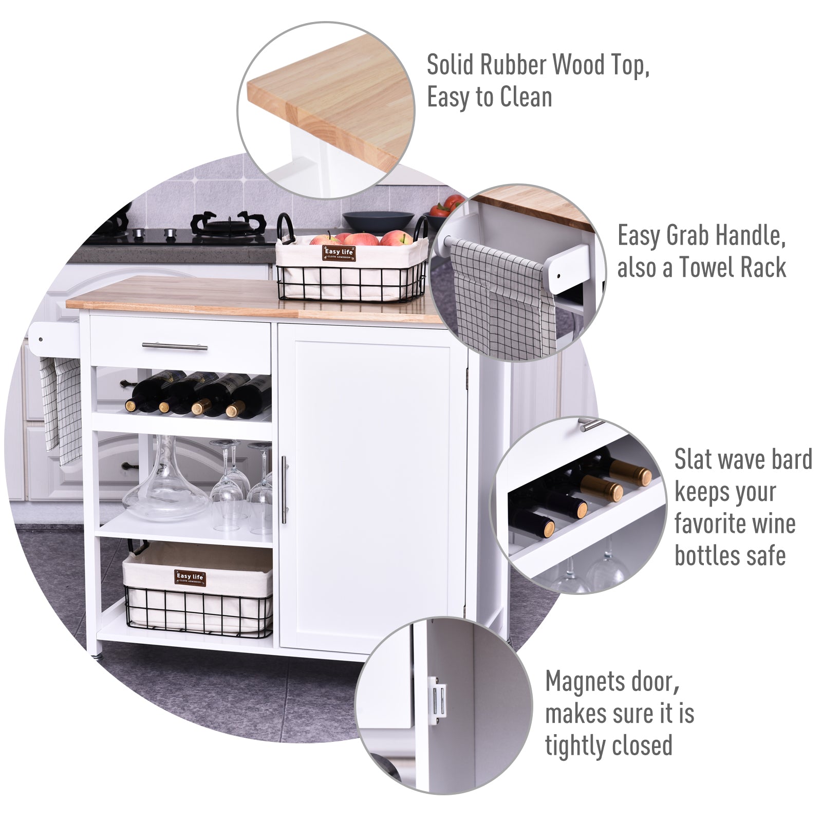 Kitchen Trolley Serving Cart Rolling with Drawer and Open Shelf White