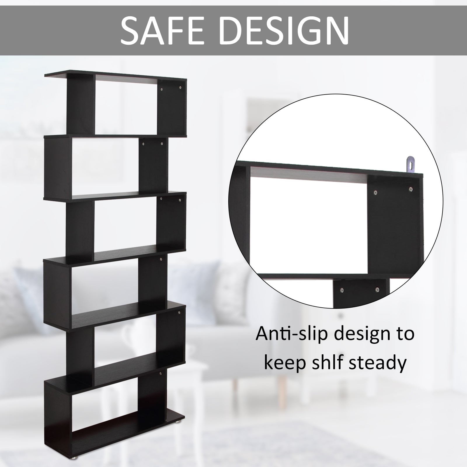 Wooden S Shape Bookcase 6 Shelves Storage Display Home Office Furniture