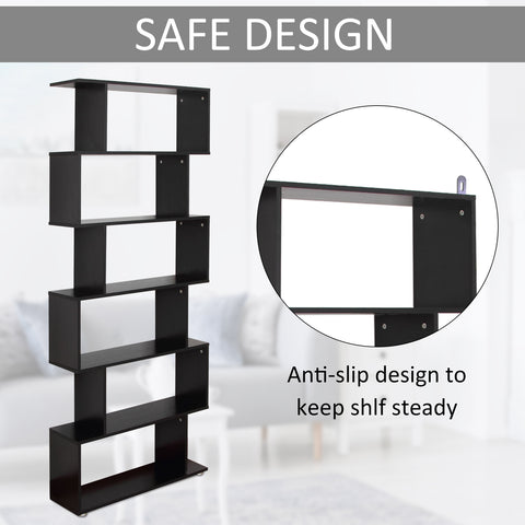 Image of Wooden S Shape Bookcase 6 Shelves Storage Display Home Office Furniture