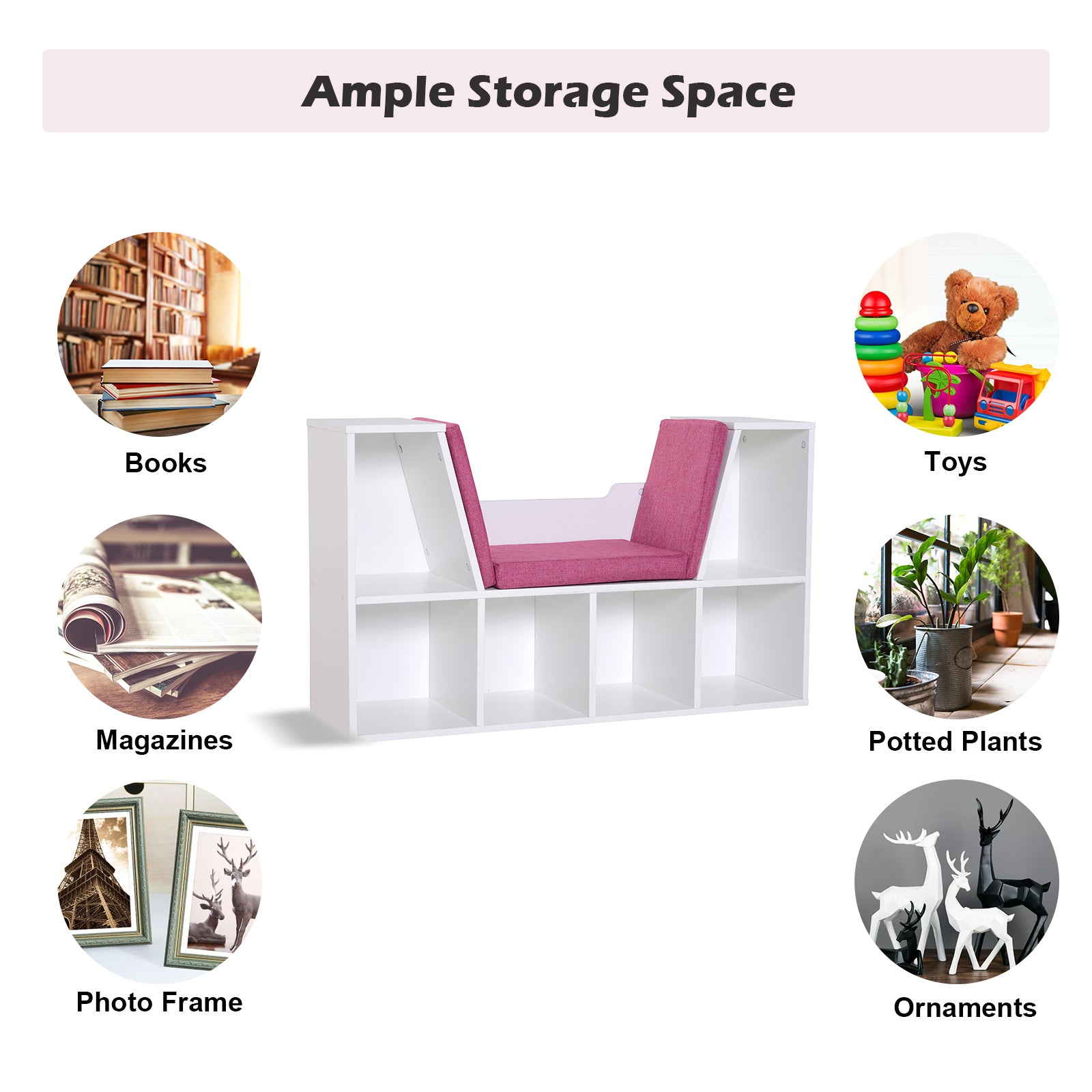 6-Cubby Kids Bookcase w/ Cushioned Seat Reading Nook Storage Organizer Cabinet Shelf Children Bedroom Decor Room White/Pink