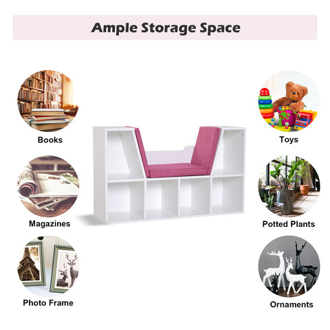 Image of 6-Cubby Kids Bookcase w/ Cushioned Seat Reading Nook Storage Organizer Cabinet Shelf Children Bedroom Decor Room White/Pink