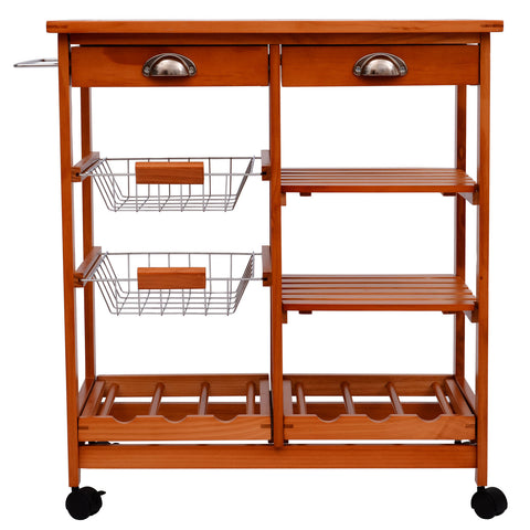 Image of Rolling Kitchen Trolley Cart 4 Tier Storage Wooden Table Rack 2 Drawers Baskets Countertop