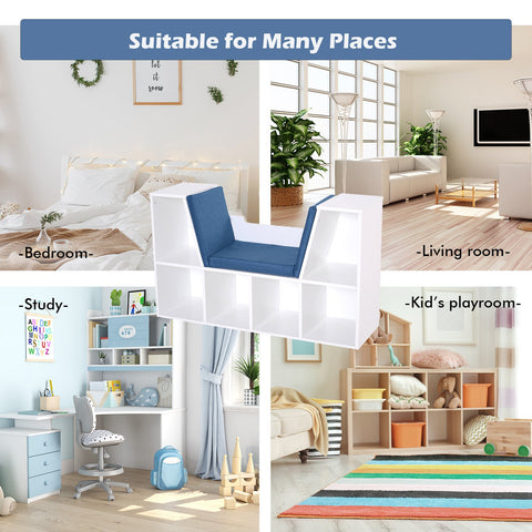 Image of 6-Cubby Kids Bookcase w/ Cushioned Seat Reading Nook Multi-Purpose Storage Organizer Cabinet Shelf Children Bedroom Decor White Blue
