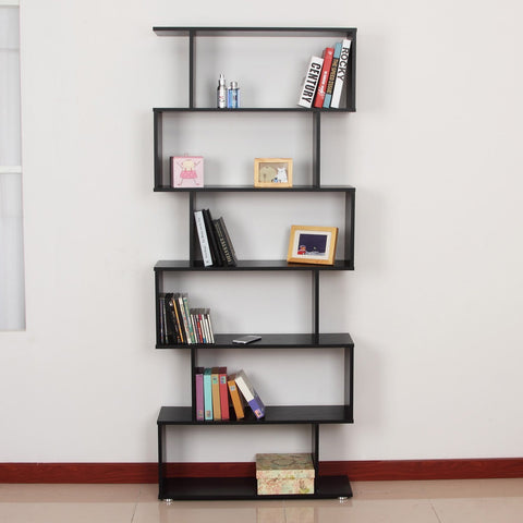 Image of Wooden S Shape Bookcase 6 Shelves Storage Display Home Office Furniture