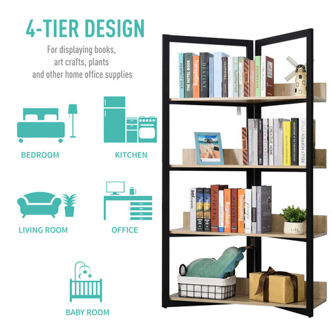 Image of 4-Tier Bookshelf Storage Multifunctional Plant Display Corner Shelf Oak Color & Black