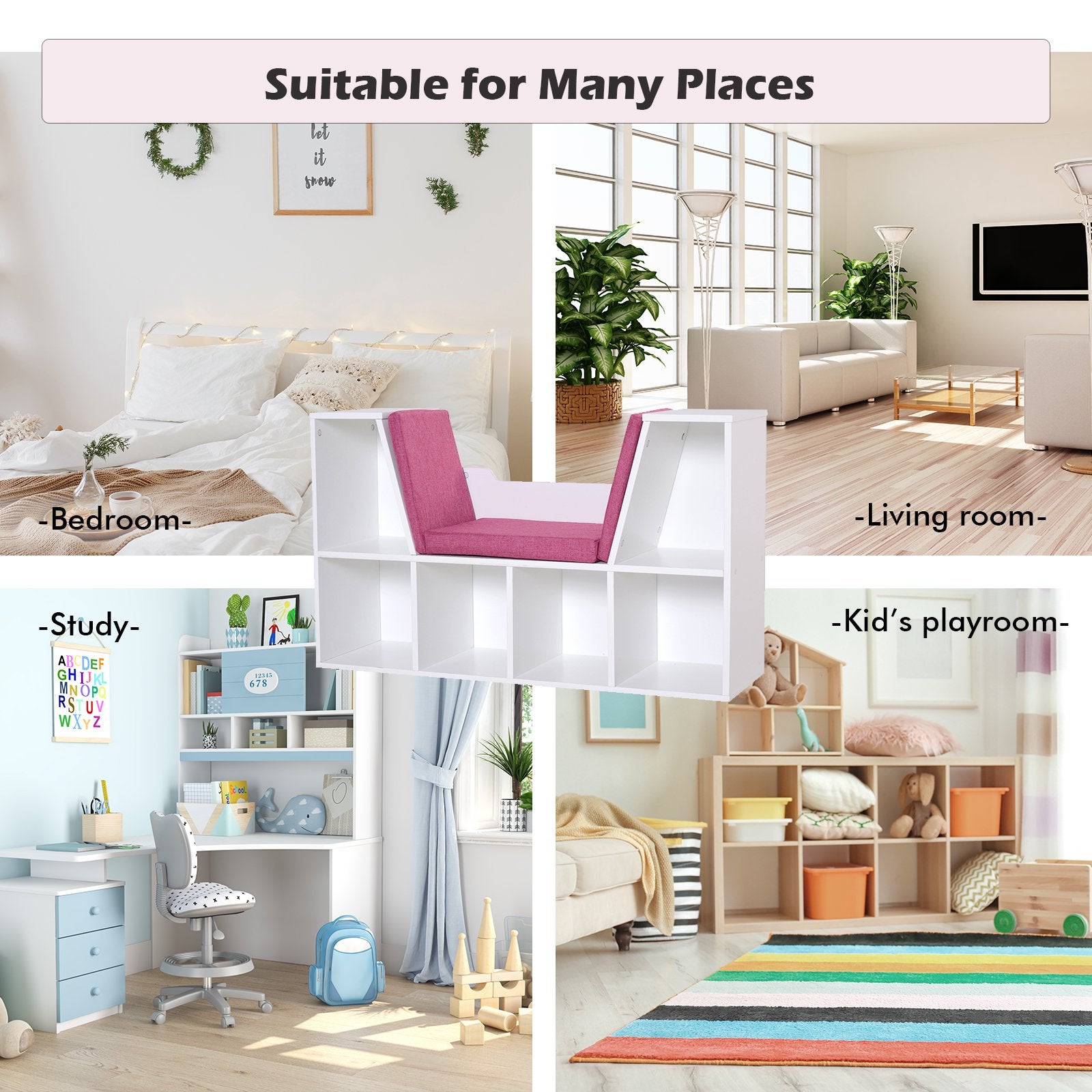 6-Cubby Kids Bookcase w/ Cushioned Seat Reading Nook Storage Organizer Cabinet Shelf Children Bedroom Decor Room White/Pink