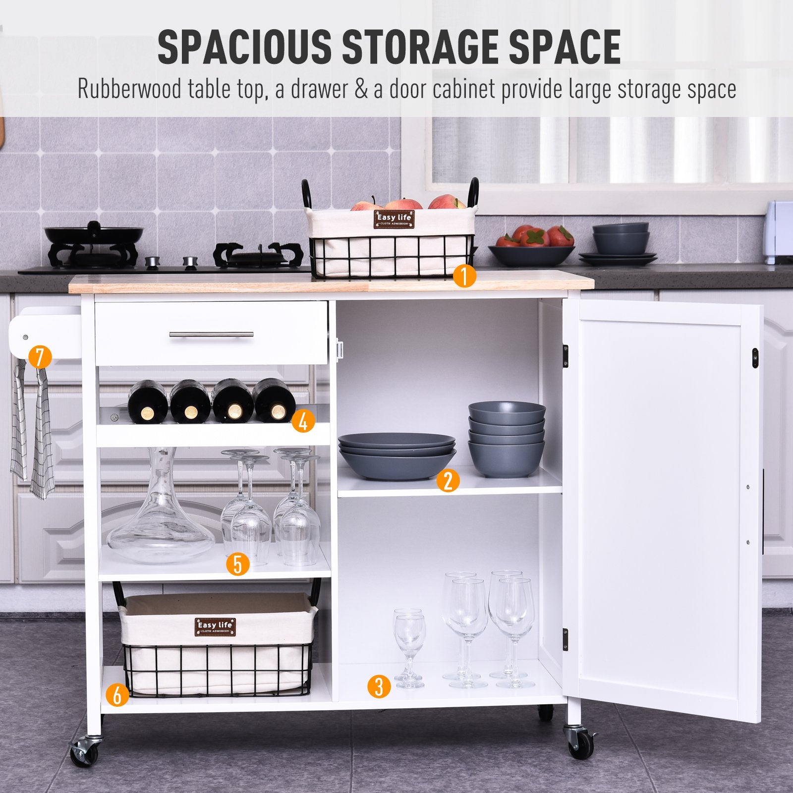 Kitchen Trolley Serving Cart Rolling with Drawer and Open Shelf White