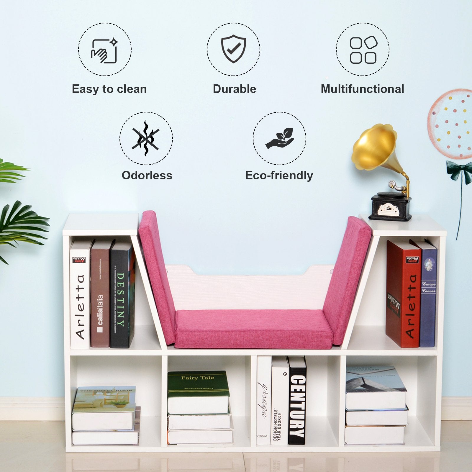 6-Cubby Kids Bookcase w/ Cushioned Seat Reading Nook Storage Organizer Cabinet Shelf Children Bedroom Decor Room White/Pink