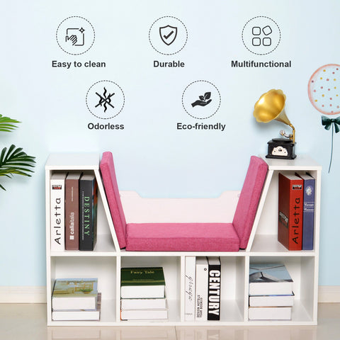 Image of 6-Cubby Kids Bookcase w/ Cushioned Seat Reading Nook Storage Organizer Cabinet Shelf Children Bedroom Decor Room White/Pink