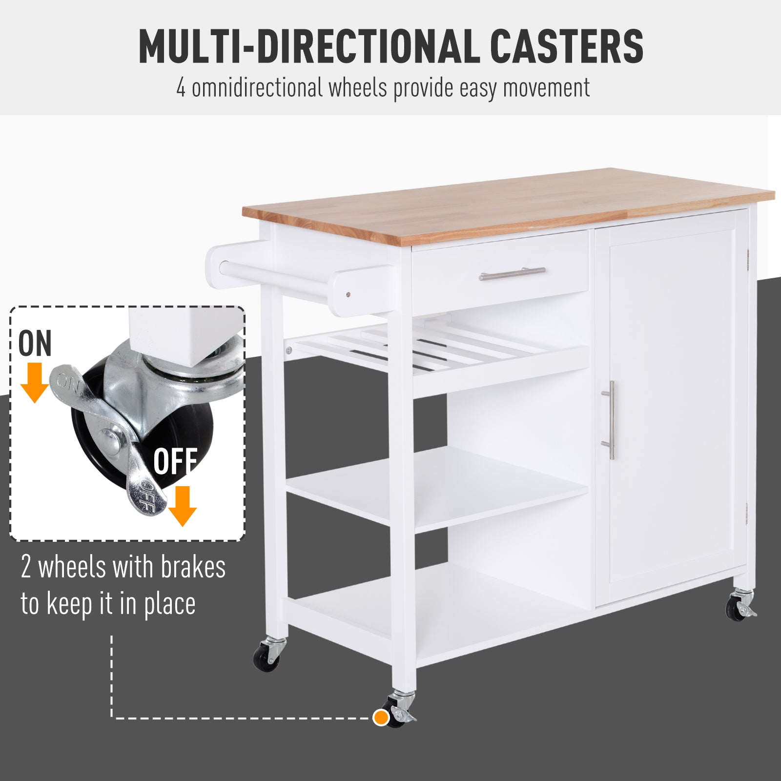 Kitchen Trolley Serving Cart Rolling with Drawer and Open Shelf White