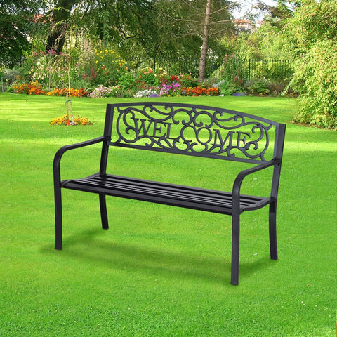 Image of 50” Steel 2 Seat Garden Bench Patio Decorative Chair Metal Backyard Seater Outdoor Furniture, Black