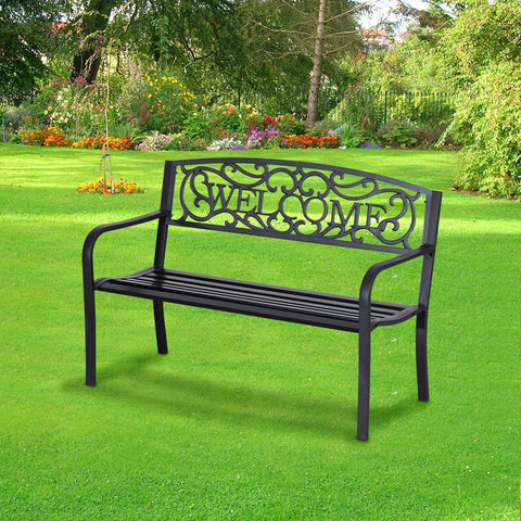 Image of 50” Steel 2 Seat Garden Bench Patio Decorative Chair Metal Backyard Seater Outdoor Furniture, Black