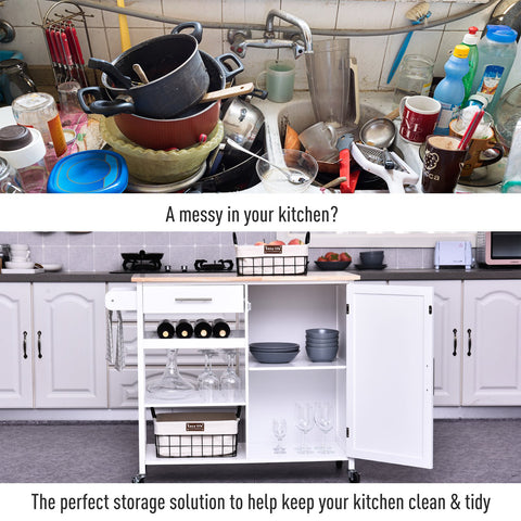 Image of Kitchen Trolley Serving Cart Rolling with Drawer and Open Shelf White