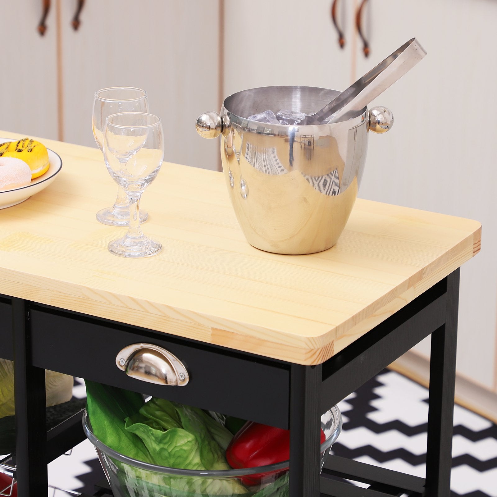 Rolling Kitchen Island Trolley Serving Cart Wheeled Storage Cabinet w/ Basket Shelves and Drawers Black