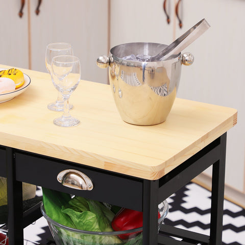 Image of Rolling Kitchen Island Trolley Serving Cart Wheeled Storage Cabinet w/ Basket Shelves and Drawers Black
