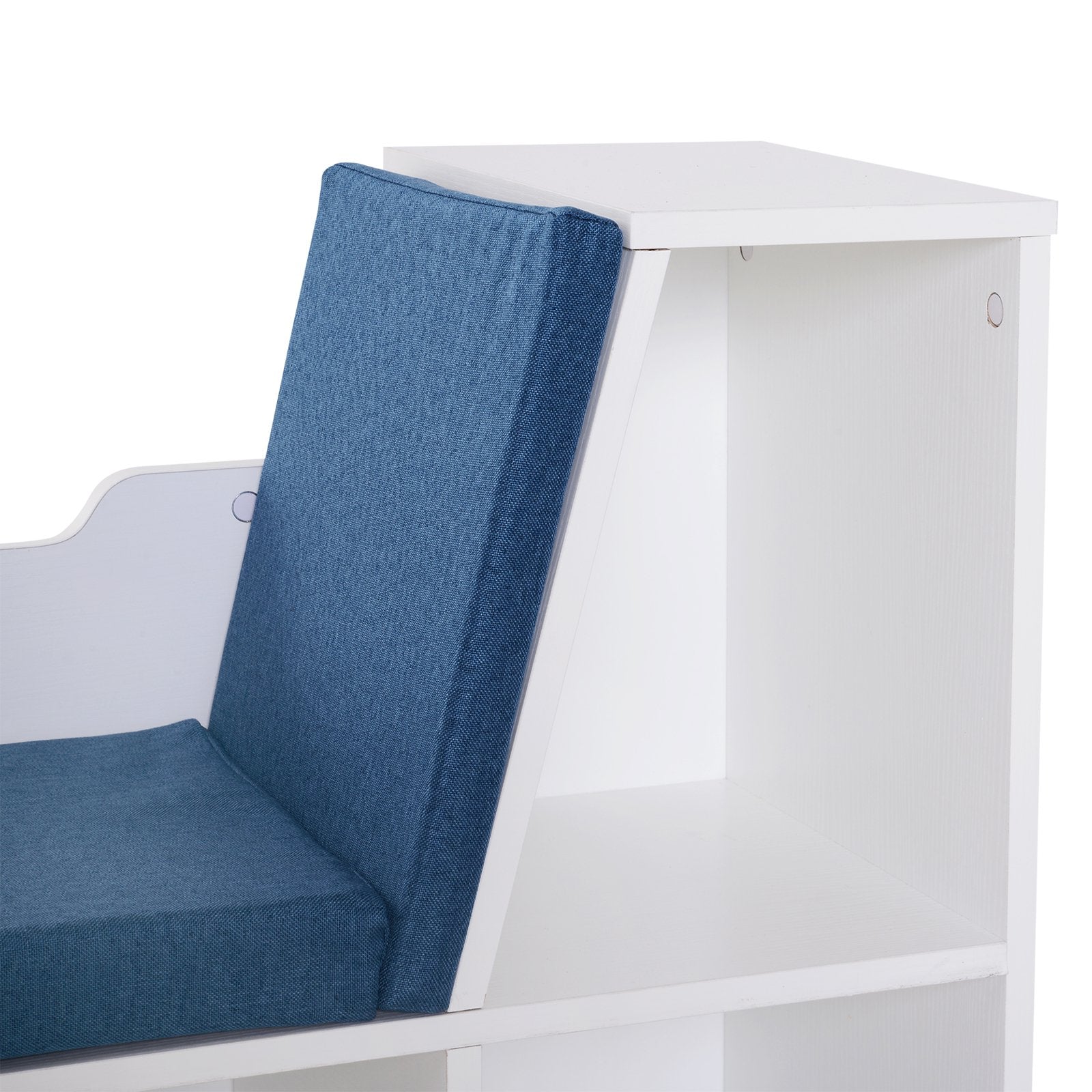 6-Cubby Kids Bookcase w/ Cushioned Seat Reading Nook Multi-Purpose Storage Organizer Cabinet Shelf Children Bedroom Decor White Blue