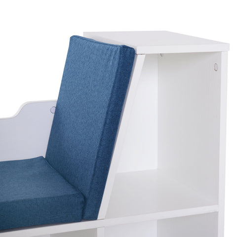 Image of 6-Cubby Kids Bookcase w/ Cushioned Seat Reading Nook Multi-Purpose Storage Organizer Cabinet Shelf Children Bedroom Decor White Blue